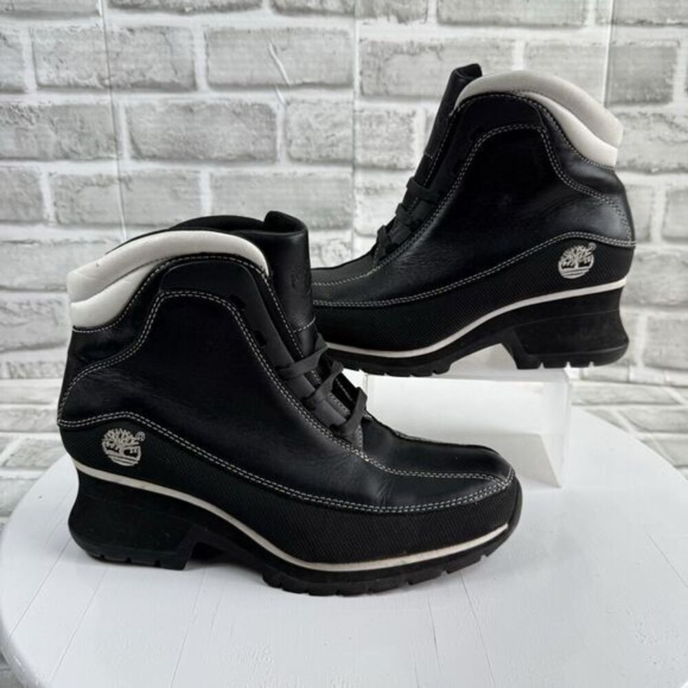 Timberland Euro Dub Spin Low Women's Size 7.5 Black & White Leather Heel Boots